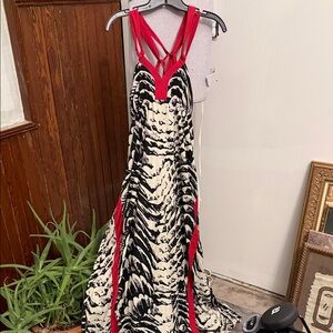 Express Black and Cream Maxi Dress with Red Trim